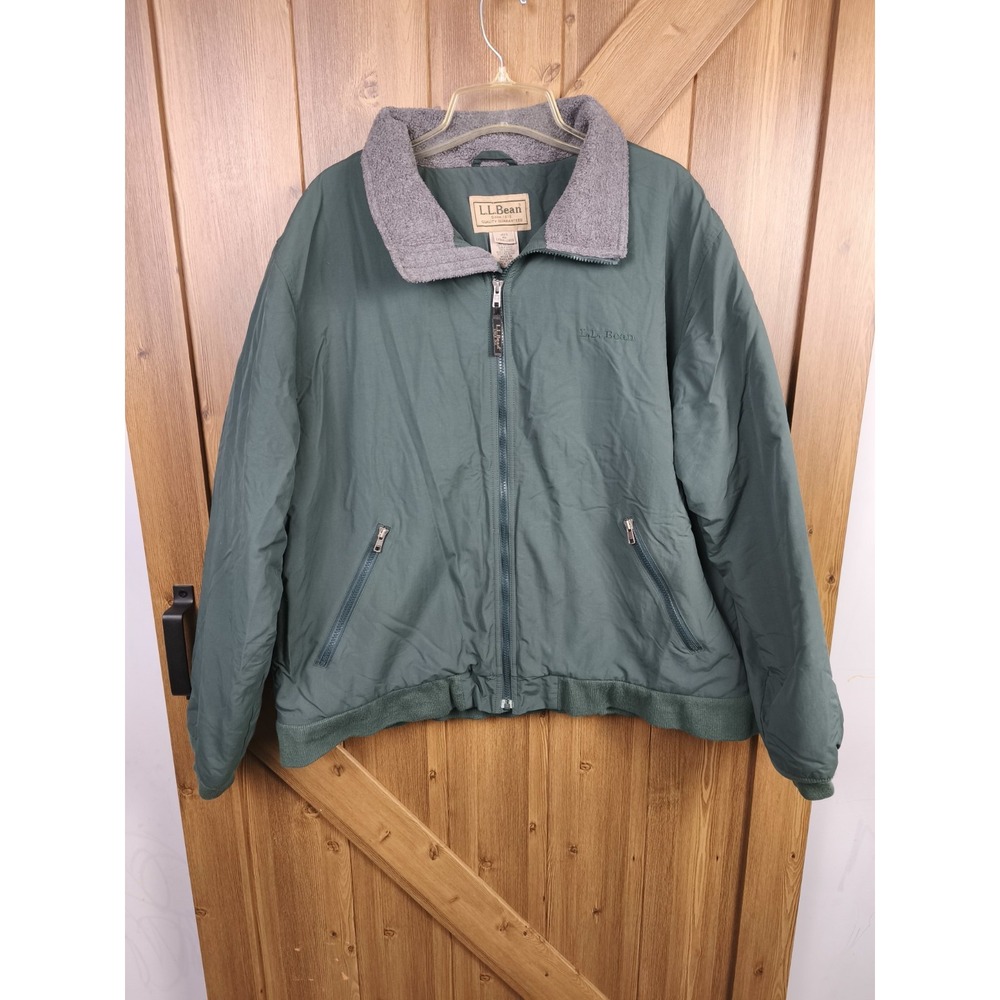 LL Bean Mens XL Warm-up Jacket Green Polartec Fleece Lined Bomber Nylon Shell